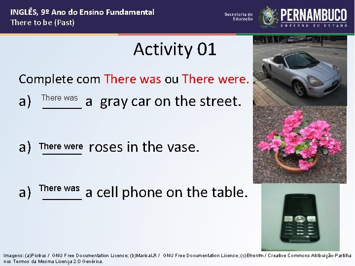INGLÊS, 9º Ano do Ensino Fundamental There to be (Past) Activity 01 Complete com