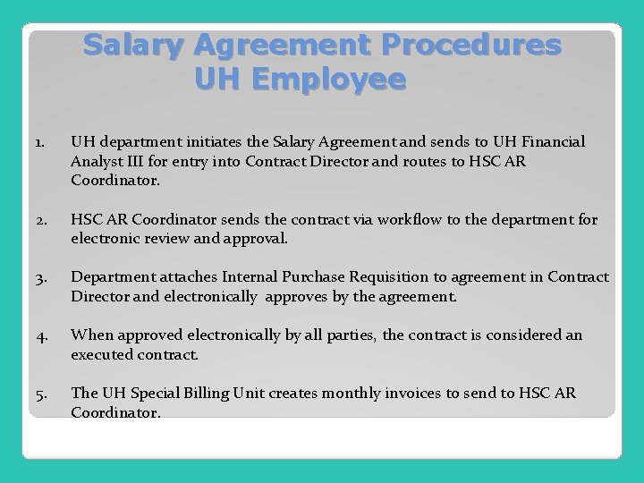 Salary Agreement Procedures UH Employee 1. UH department initiates the Salary Agreement and sends