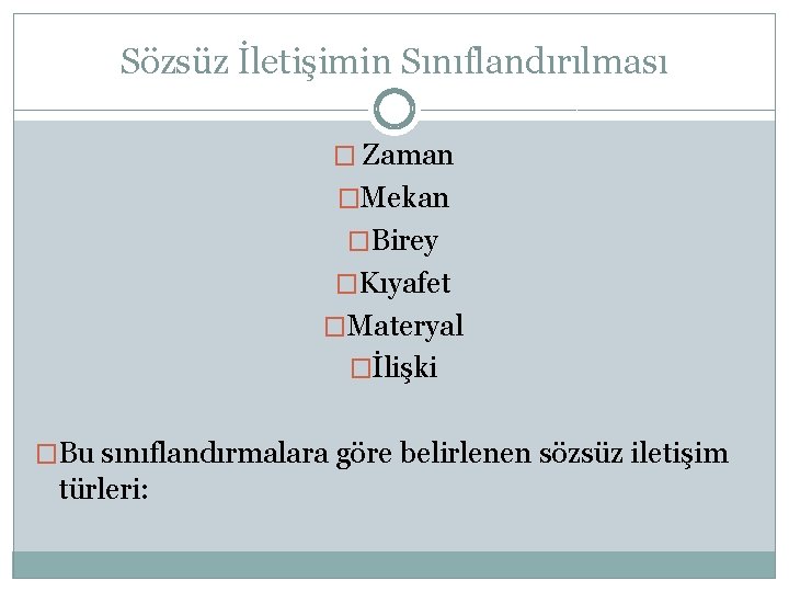 Sözsüz İletişimin Sınıflandırılması � Zaman �Mekan �Birey �Kıyafet �Materyal �İlişki �Bu sınıflandırmalara göre belirlenen