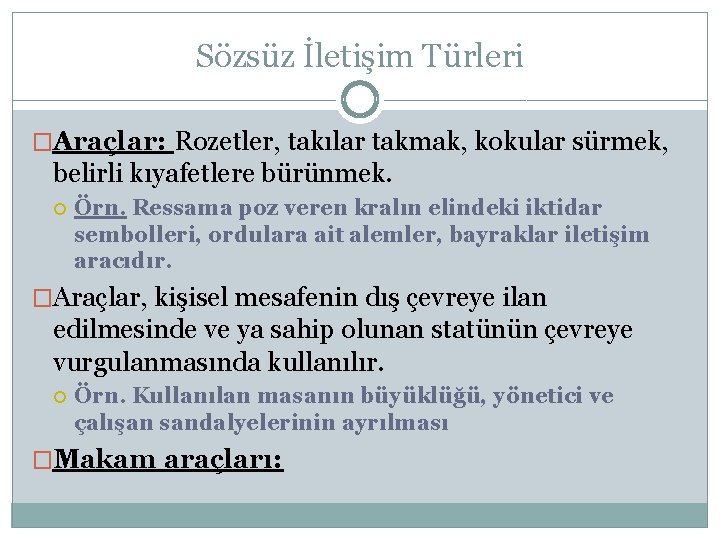 Sözsüz İletişim Türleri �Araçlar: Rozetler, takılar takmak, kokular sürmek, belirli kıyafetlere bürünmek. Örn. Ressama