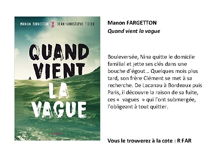 Manon FARGETTON Quand vient la vague Bouleversée, Nina quitte le domicile familial et jette