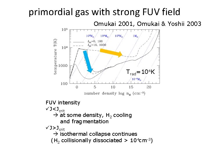 primordial gas with strong FUV field Omukai 2001, Omukai & Yoshii 2003 Trad=104 K