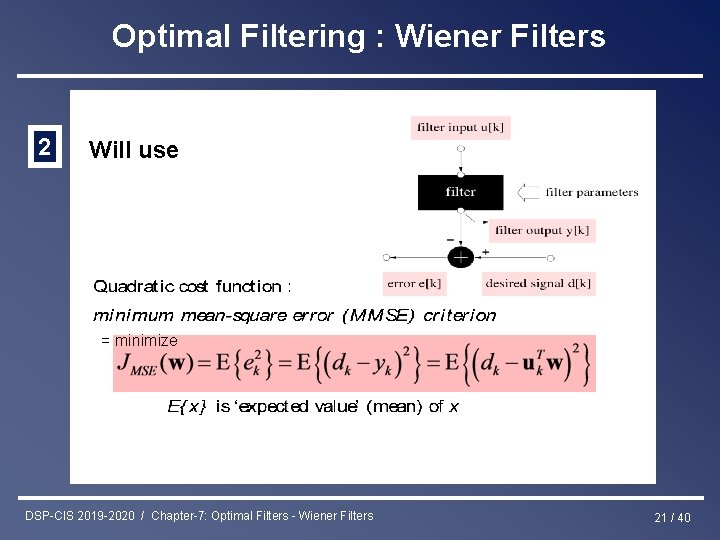 Optimal Filtering : Wiener Filters 2 Will use = minimize DSP-CIS 2019 -2020 /