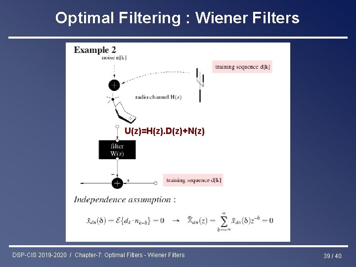 Optimal Filtering : Wiener Filters U(z)=H(z). D(z)+N(z) DSP-CIS 2019 -2020 / Chapter-7: Optimal Filters