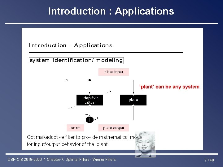 Introduction : Applications ‘plant’ can be any system Optimal/adaptive filter to provide mathematical model