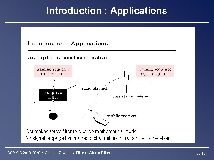 Introduction : Applications Optimal/adaptive filter to provide mathematical model for signal propagation in a