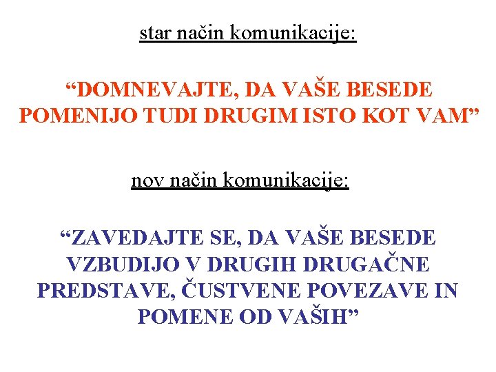 star način komunikacije: “DOMNEVAJTE, DA VAŠE BESEDE POMENIJO TUDI DRUGIM ISTO KOT VAM” nov