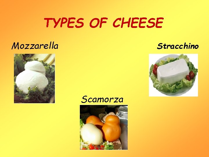 TYPES OF CHEESE Mozzarella Stracchino Scamorza 