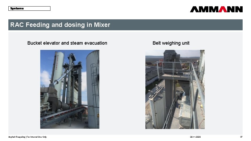 RAC Feeding and dosing in Mixer Bucket elevator and steam evacuation Asphalt Recycling |