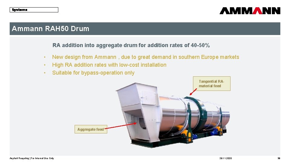 Ammann RAH 50 Drum RA addition into aggregate drum for addition rates of 40