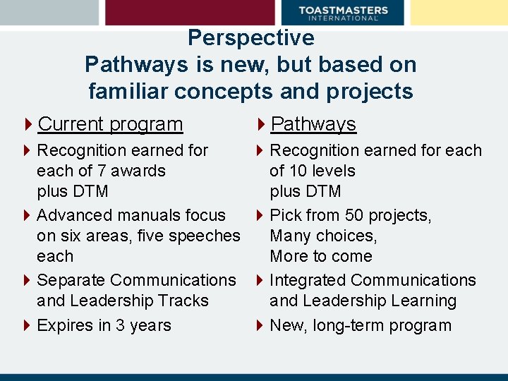 Perspective Pathways is new, but based on familiar concepts and projects 4 Current program Perspective Pathways is new, but based on familiar concepts and projects 4 Current program