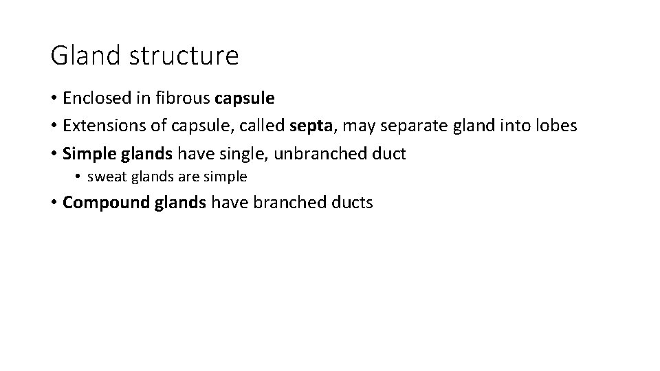 Gland structure • Enclosed in fibrous capsule • Extensions of capsule, called septa, may