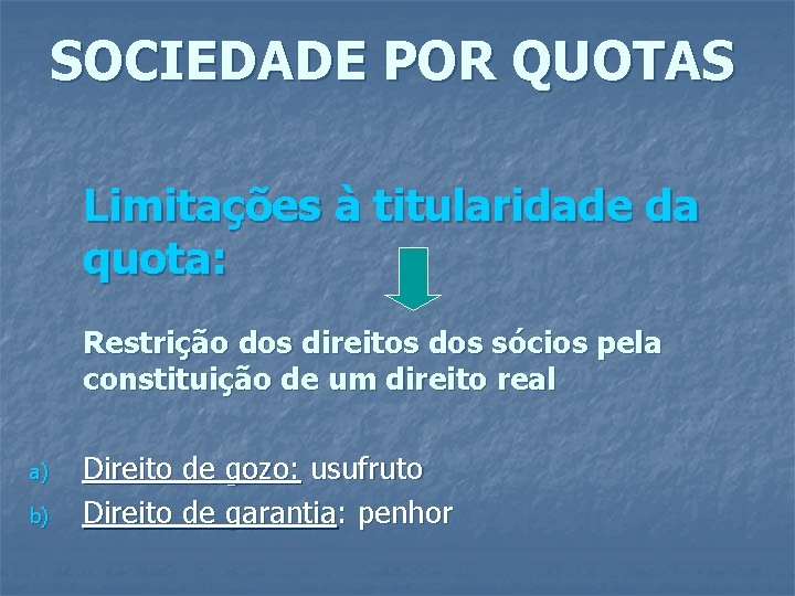 SOCIEDADE POR QUOTAS Limitações à titularidade da quota: Restrição dos direitos dos sócios pela