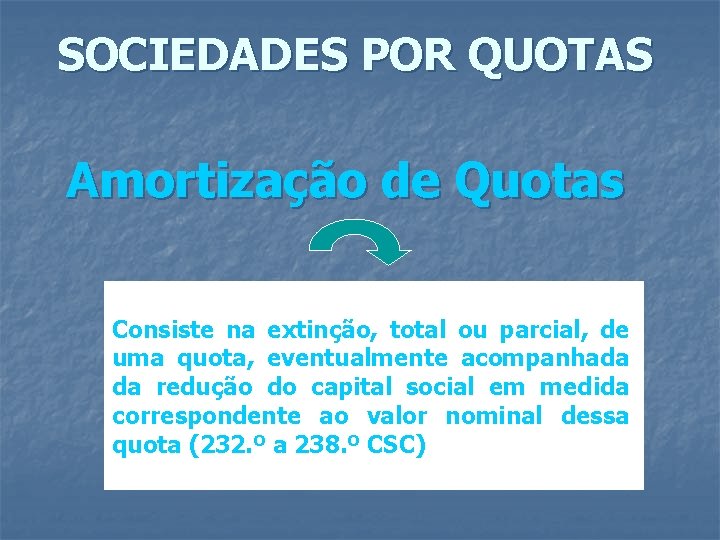 SOCIEDADES POR QUOTAS Amortização de Quotas Consiste na extinção, total ou parcial, de uma