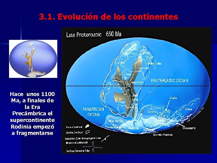 3. 1. Evolución de los continentes Hace unos 1100 Ma, a finales de la