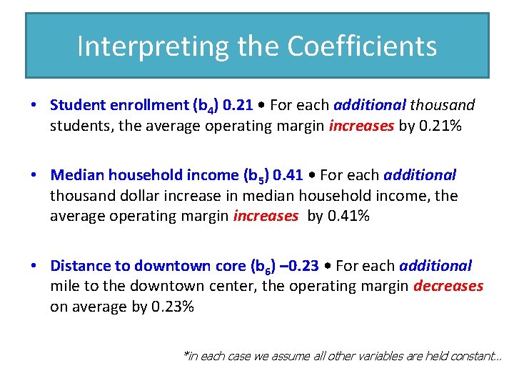 Interpreting the Coefficients • Student enrollment (b 4) 0. 21 • For each additional