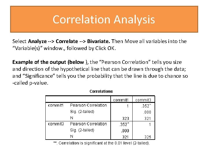 Correlation Analysis Select Analyze --> Correlate --> Bivariate. Then Move all variables into the