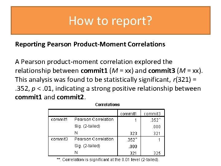 How to report? Reporting Pearson Product-Moment Correlations A Pearson product-moment correlation explored the relationship