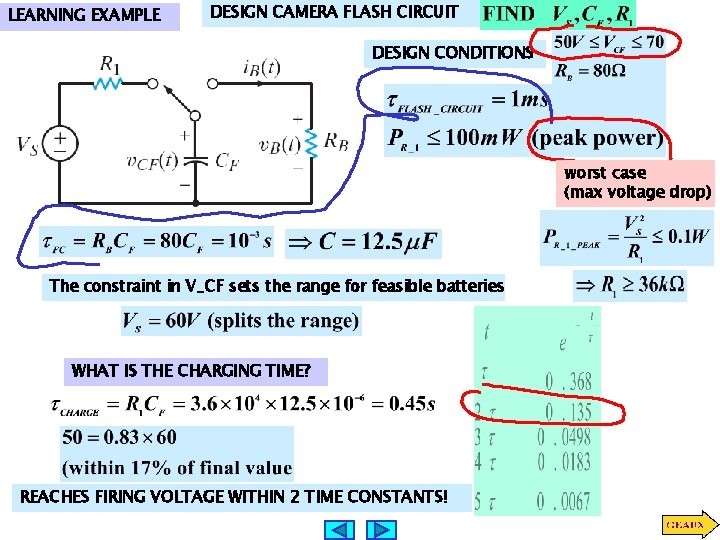 LEARNING EXAMPLE DESIGN CAMERA FLASH CIRCUIT DESIGN CONDITIONS worst case (max voltage drop) The
