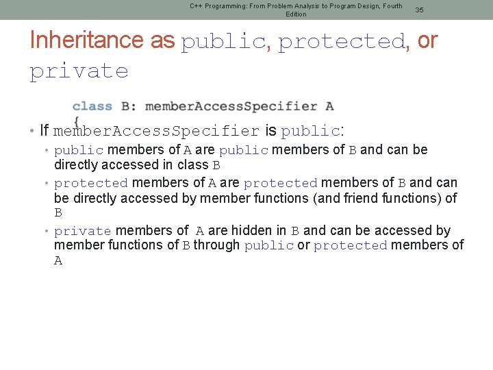 C++ Programming: From Problem Analysis to Program Design, Fourth Edition 35 Inheritance as public,