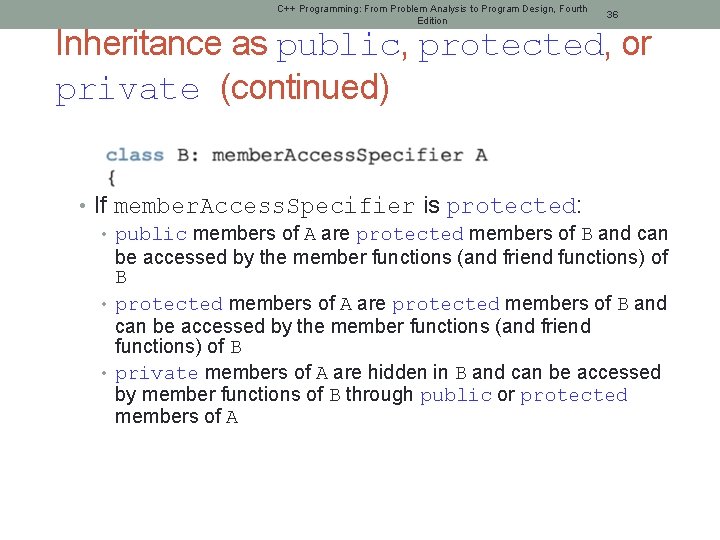 C++ Programming: From Problem Analysis to Program Design, Fourth Edition 36 Inheritance as public,