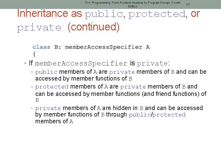 C++ Programming: From Problem Analysis to Program Design, Fourth Edition 37 Inheritance as public,