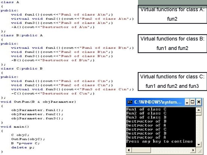 Virtual functions for class A: fun 2 Virtual functions for class B: fun 1