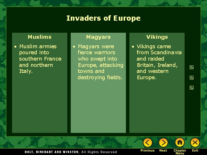 Invaders of Europe Muslims • Muslim armies poured into southern France and northern Italy.