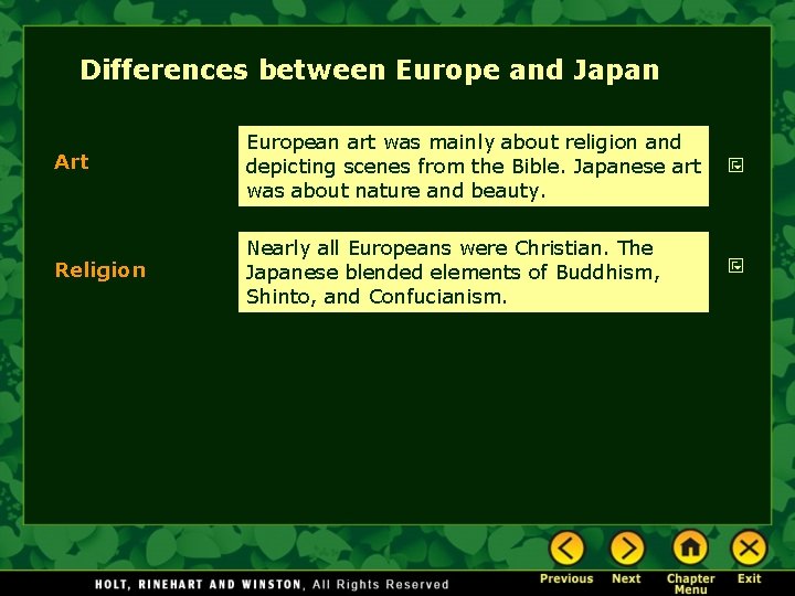 Differences between Europe and Japan Art European art was mainly about religion and depicting