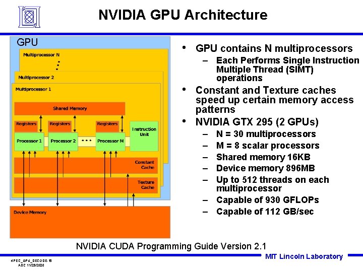 NVIDIA GPU Architecture GPU • • • GPU contains N multiprocessors – Each Performs