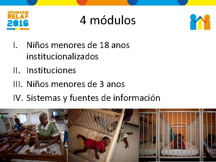 4 módulos I. Niños menores de 18 anos institucionalizados II. Instituciones III. Niños menores