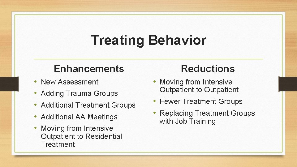 Treating Behavior Enhancements • • • New Assessment Adding Trauma Groups Additional Treatment Groups