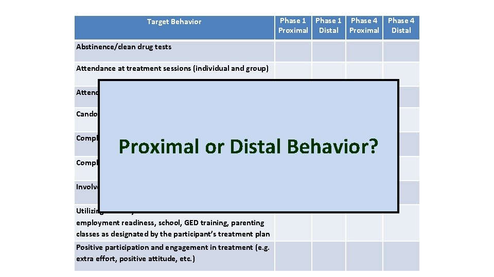 Target Behavior Phase 1 Phase 4 Proximal Distal Proximal Phase 4 Distal Abstinence/clean drug