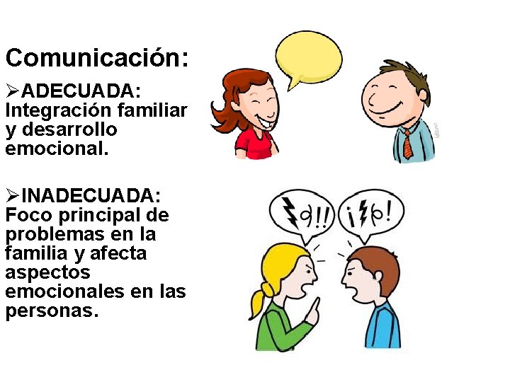 Comunicación: ØADECUADA: Integración familiar y desarrollo emocional. ØINADECUADA: Foco principal de problemas en la
