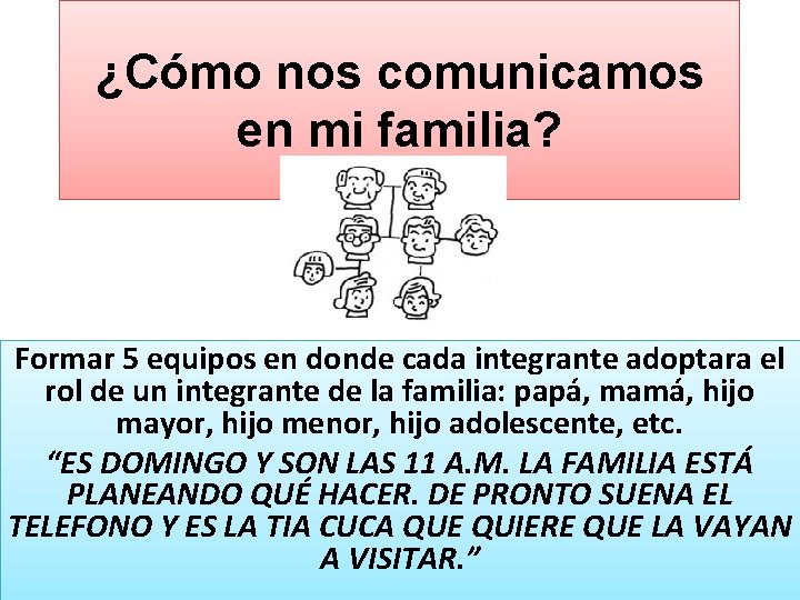 ¿Cómo nos comunicamos en mi familia? Formar 5 equipos en donde cada integrante adoptara