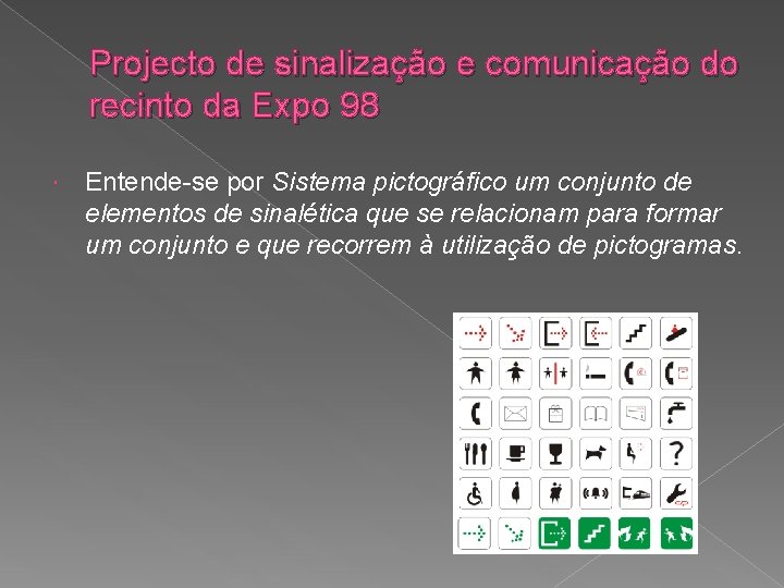 Projecto de sinalização e comunicação do recinto da Expo 98 Entende-se por Sistema pictográfico