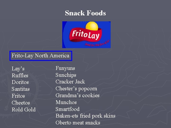 Snack Foods Frito-Lay North America Lay’s Ruffles Doritos Santitas Fritos Cheetos Rold Gold Funyuns