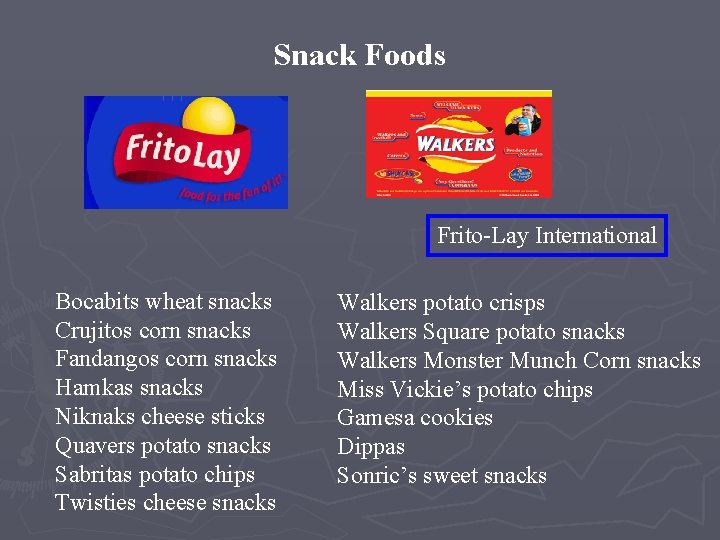 Snack Foods Frito-Lay International Bocabits wheat snacks Crujitos corn snacks Fandangos corn snacks Hamkas