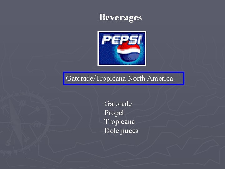 Beverages Gatorade/Tropicana North America Gatorade Propel Tropicana Dole juices 
