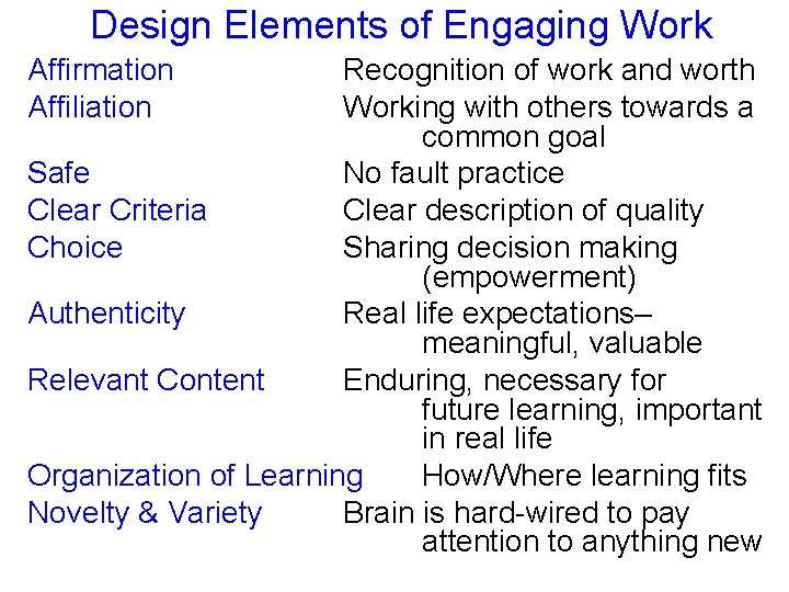 Design Elements of Engaging Work Affirmation Affiliation Safe Clear Criteria Choice Recognition of work
