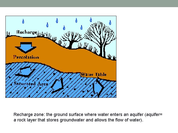 . Recharge zone: the ground surface where water enters an aquifer (aquifer= a rock
