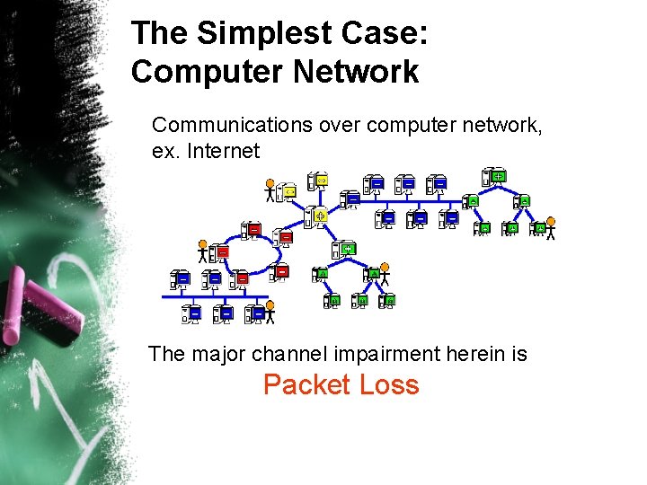 The Simplest Case: Computer Network Communications over computer network, ex. Internet The major channel