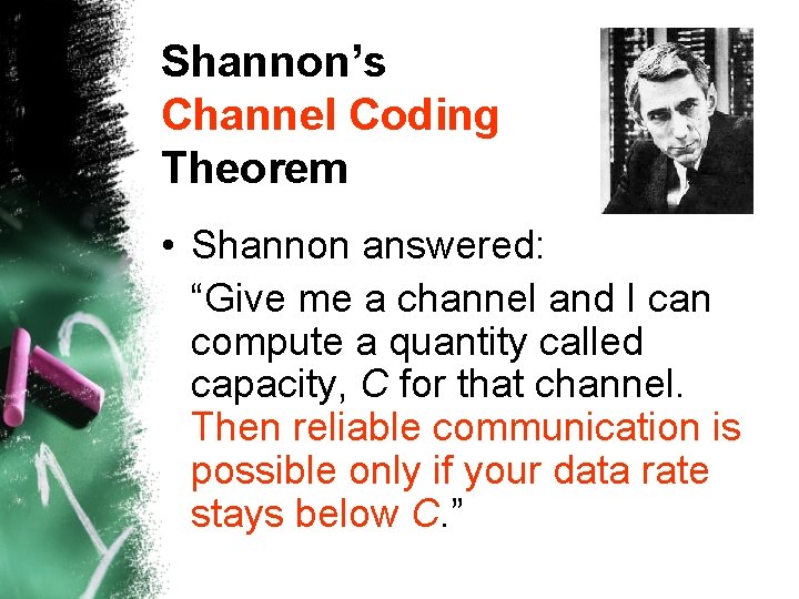 Shannon’s Channel Coding Theorem • Shannon answered: “Give me a channel and I can
