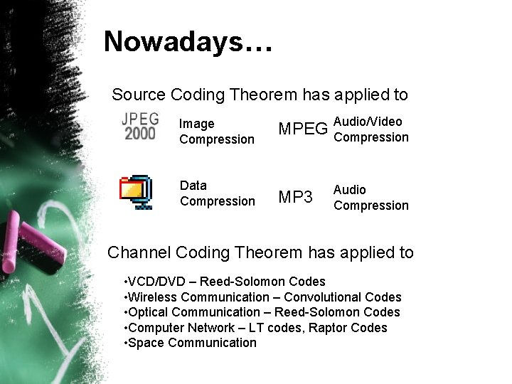 Nowadays… Source Coding Theorem has applied to Image Compression MPEG Audio/Video Compression Data Compression