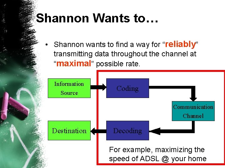 Shannon Wants to… • Shannon wants to find a way for “reliably” transmitting data