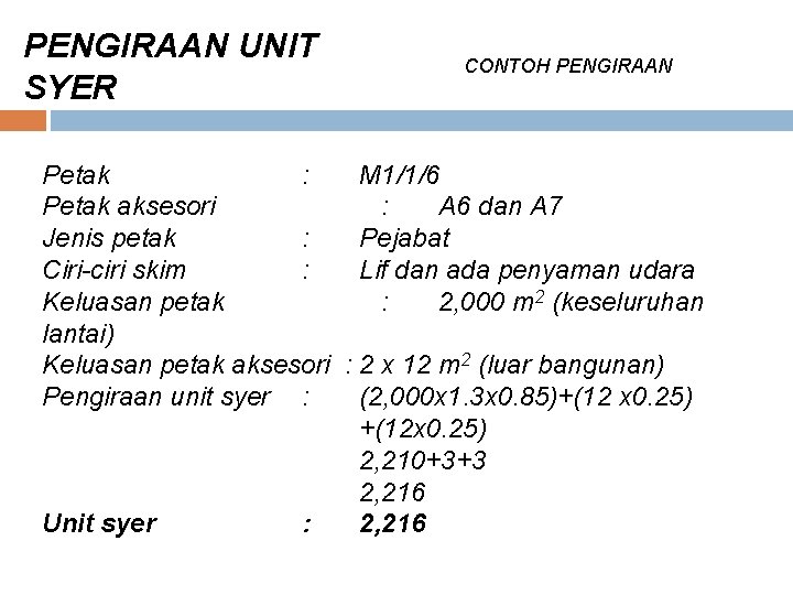 PENGIRAAN UNIT SYER CONTOH PENGIRAAN Petak : M 1/1/6 Petak aksesori : A 6