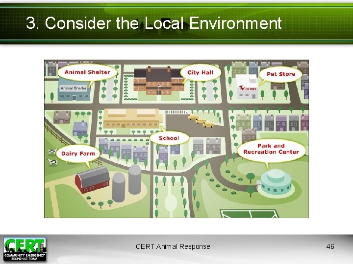 3. Consider the Local Environment CERT Animal Response II 46 