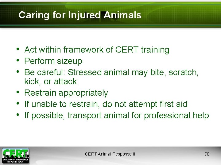 Caring for Injured Animals • Act within framework of CERT training • Perform sizeup