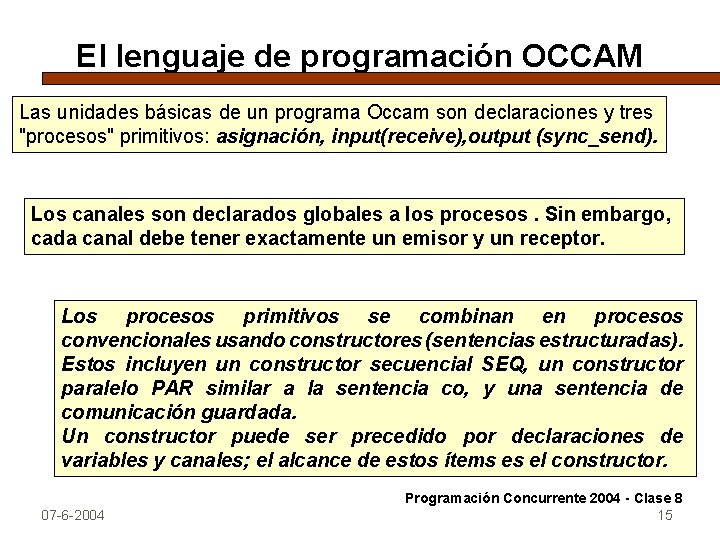 El lenguaje de programación OCCAM Las unidades básicas de un programa Occam son declaraciones