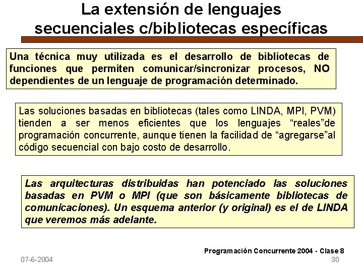 La extensión de lenguajes secuenciales c/bibliotecas específicas Una técnica muy utilizada es el desarrollo